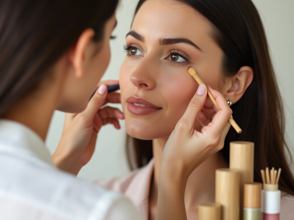 Woman applying natural mineral foundation with eco-friendly makeup brush